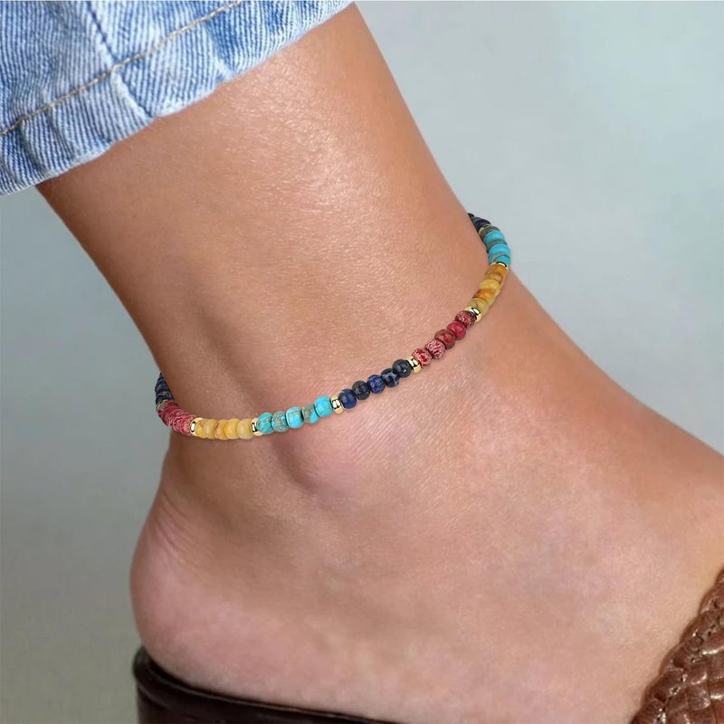 Wremily Natural Stone Beaded Anklets Bracelets for Women Handmade Beaded Anklet Bracelet Waterproof Boho Beads Ankle Bracelet Adjustable Summer Jewelry - Image 3
